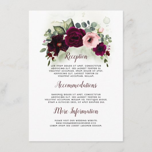 Carte D'accompagnement Burgundy Floral Détails du Mariage Information Inv (Devant)