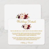 Carte D'accompagnement Burgundy Floral Gold Détails du Mariage Insérer un (Devant / Derrière)