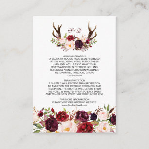 Carte D'accompagnement Burgundy Marsala Floral Antlers Détails du Mariage