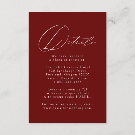 Carte D'accompagnement Burgundy Modern Elegance Détails du Mariage (Devant)
