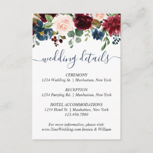 Carte D'accompagnement Burgundy Navy Blue Blush Floral Détails du Mariage