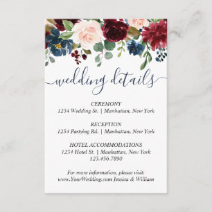 Carte D'accompagnement Burgundy Navy Blue Blush Floral Détails du Mariage
