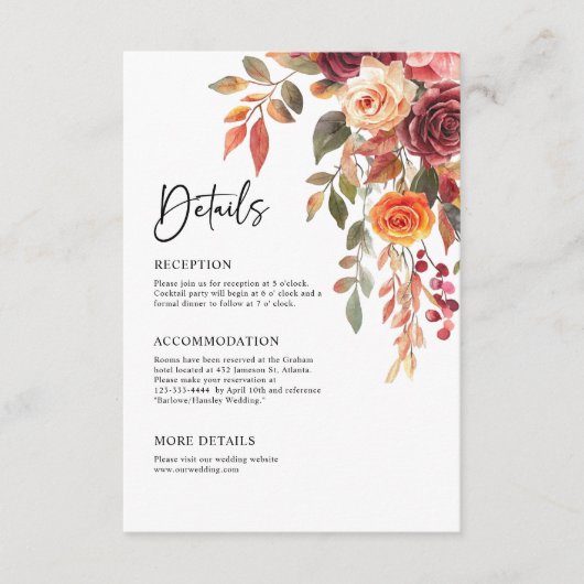 Carte D'accompagnement Burgundy Orange Fall Elegant Wedding Détails (Devant)