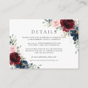 Carte D'accompagnement Burgundy Red Blush Blue Floral Détails du Mariage