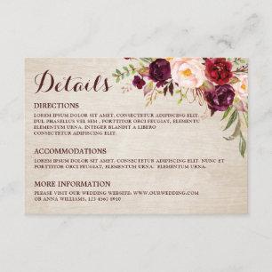 Carte D'accompagnement Burgundy Red Floral Rustic Détails sur le Mariage