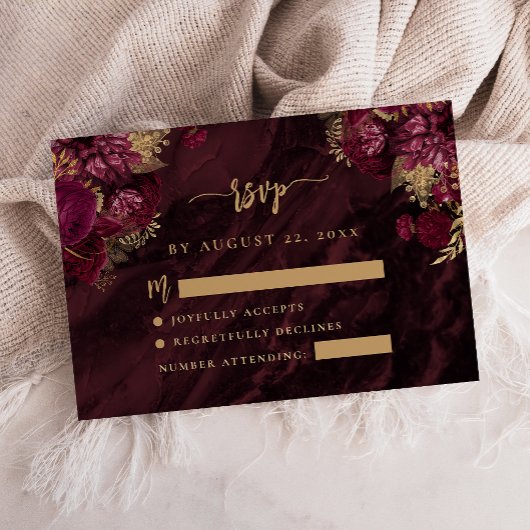 Carte D'accompagnement Burgundy Red Gold Floral Agate Script Wedding RSVP