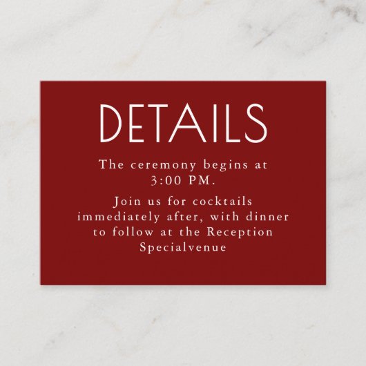 Carte D'accompagnement Burgundy Red Modern Minimalist Wedding Details (Devant)