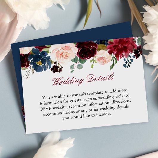 Carte D'accompagnement Burgundy Red Navy Blue Floral Détails du Mariage I