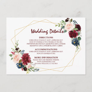 Carte D'accompagnement Burgundy Red Navy Floral Détails du Mariage géomét