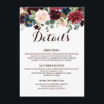 Carte D'accompagnement Burgundy Red Navy Floral Rustic Détails du Mariage<br><div class="desc">Carte de Faire-part de mariage Boho Rustique Floral de la Marine Rouge bordeaux Aquarelle. Parfait pour un mariage de automne. Le design comprend un bouquet époustouflant de bordeaux / Marsala, pêche, fleurs marines / roses avec feuilles assortis. S'il vous plaît trouver d'autres modèles et variantes dans mon magasin "blissweddingpaperie". N'hésitez...</div>