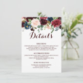 Carte D'accompagnement Burgundy Red Navy Floral Rustic Détails du Mariage (Debout devant)