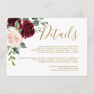Carte D'accompagnement Burgundy Red Navy Floral Rustic Détails du Mariage