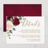 Carte D'accompagnement Burgundy Red Navy Floral Rustic Détails du Mariage (Devant / Derrière)