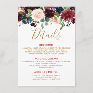Carte D'accompagnement Burgundy Red Navy Floral Rustic Détails du Mariage