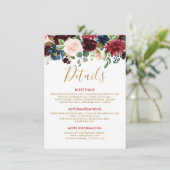 Carte D'accompagnement Burgundy Red Navy Floral Rustic Détails du Mariage (Debout devant)