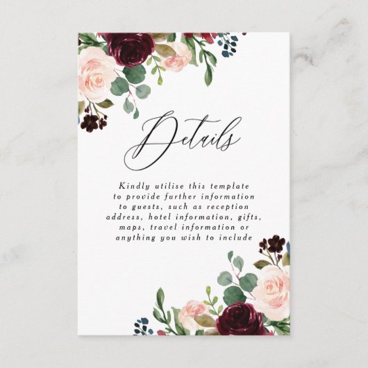 Carte D'accompagnement Burgundy Red Wine Blush Détails Mariage Réception (Devant)