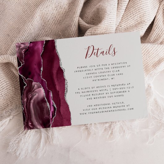 Carte D'accompagnement Burgundy Silver Agate Pale Gray Wedding Details