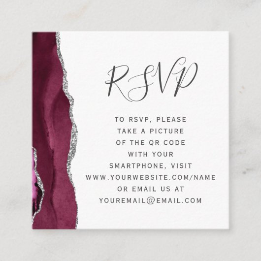 Carte D'accompagnement Burgundy Silver Agate Wedding QR Code RSVP (Devant)