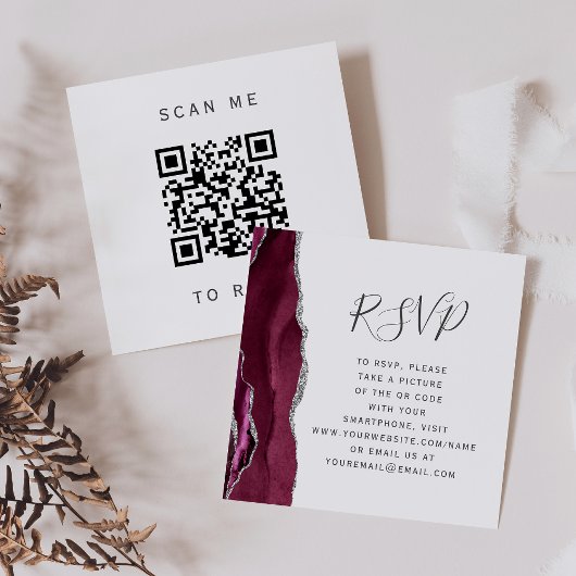 Carte D'accompagnement Burgundy Silver Agate Wedding QR Code RSVP
