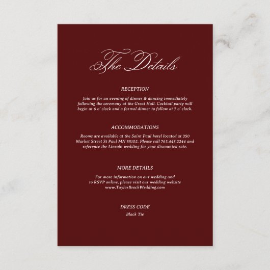 Carte D'accompagnement Burgundy Wedding Details (Devant)