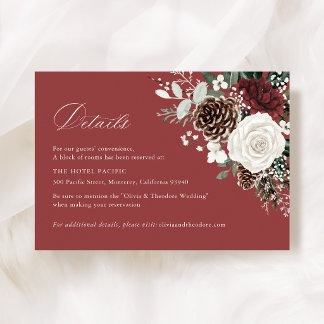 Carte D'accompagnement Burgundy Winter Floral Wedding Hotel Details