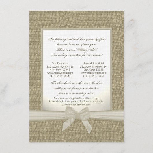 Carte D'accompagnement Burlap et Bow Rustic Mariage Hébergements (Devant)