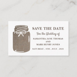 Carte D'accompagnement Burlap Mason Jar, Enregistrer la date
