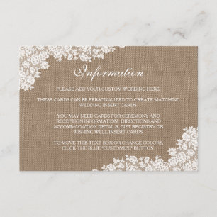 Carte D'accompagnement Burlap Rustique et collection Vintage de dentelle