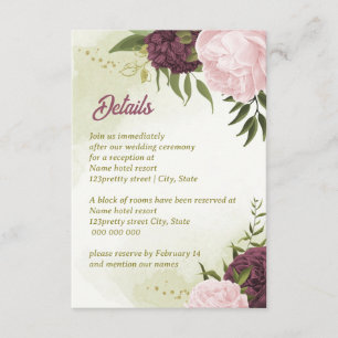 Carte D'accompagnement cabernet fleurs roses feuilles vertes