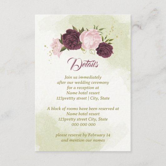 Carte D'accompagnement cabernet rose fleurs vert feuilles (Devant)