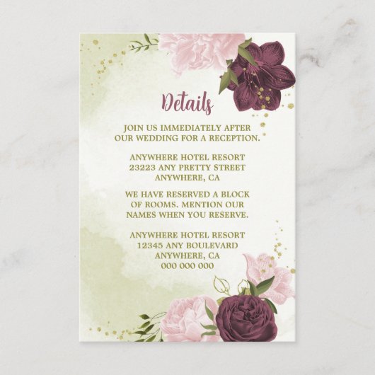 Carte D'accompagnement cabernet rose fleurs vert feuilles (Devant)