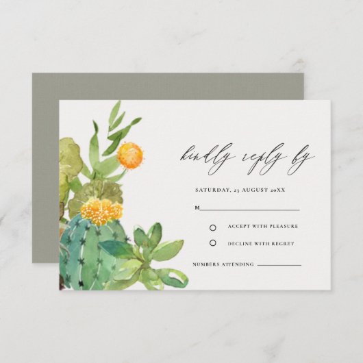 Carte D'accompagnement Cactus Succulent Mariage Foliage Jaune RSVP (Devant / Derrière)