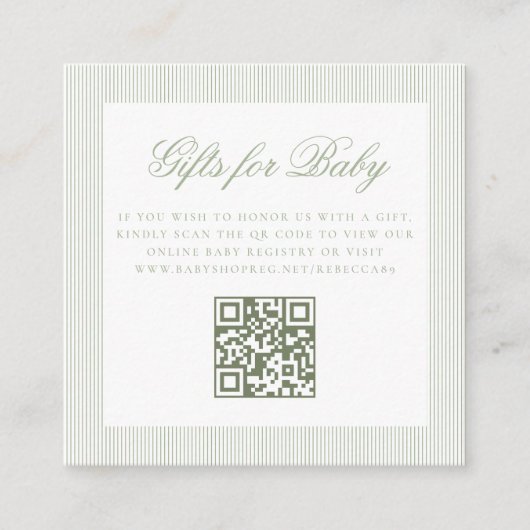 Carte D'accompagnement Cadeaux pour bébé Sage Green en ligne Code QR Regi (Devant)