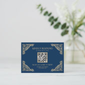 Carte D'accompagnement Cadre bleu et or QR Code RSVP Site Mariage (Debout devant)