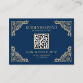Carte D'accompagnement Cadre bleu et or QR Code RSVP Site Mariage (Devant)