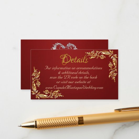 Carte D'accompagnement Cadre Feuille or sur Ruby Red, code QR (Devant/Arrière en situation)