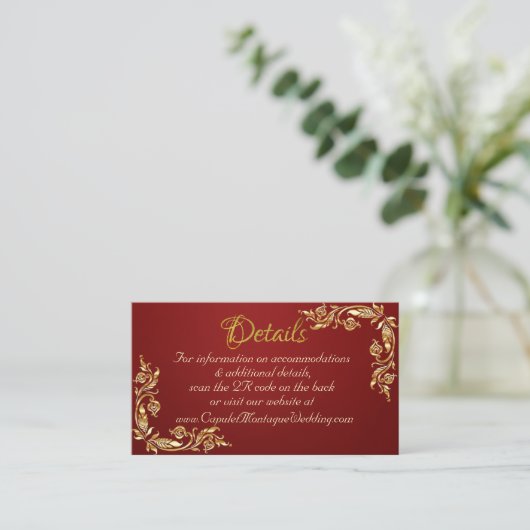 Carte D'accompagnement Cadre Feuille or sur Ruby Red, code QR (Debout devant)