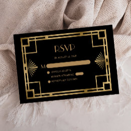 Carte D'accompagnement Cadre Noir de Réponse de Mariage Doré Art Déco des