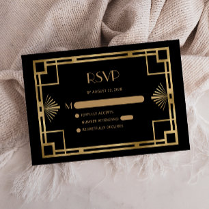 Carte D'accompagnement Cadre Noir de Réponse de Mariage Doré Art Déco des