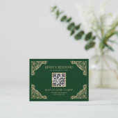 Carte D'accompagnement Cadre vert et or QR Code RSVP Site Mariage (Debout devant)