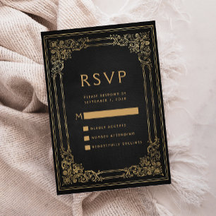 Carte D'accompagnement Cadre Vintage Noir Or Mariage RSVP