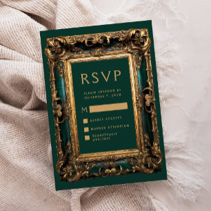Carte D'accompagnement Cadre Vintage Vert Or Mariage RSVP