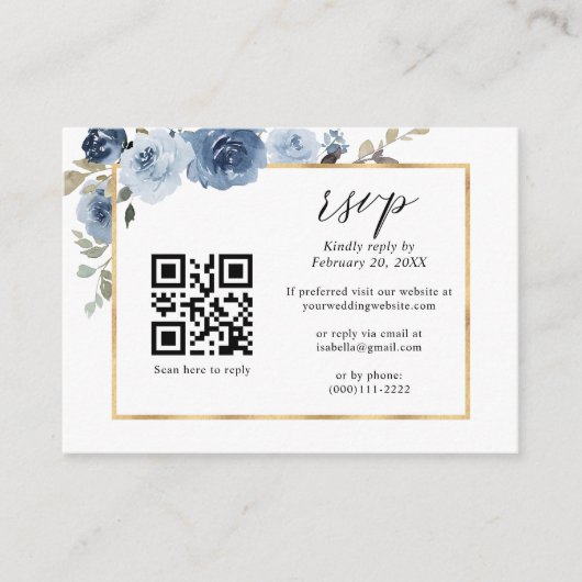 Carte D'accompagnement Cadres or bleu Dusty Floral QR Code Mariage RSVP (Devant)