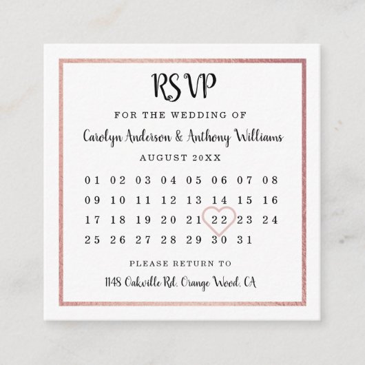 Carte D'accompagnement Calendrier Gold Foil Rose moderne RSVP (Devant)