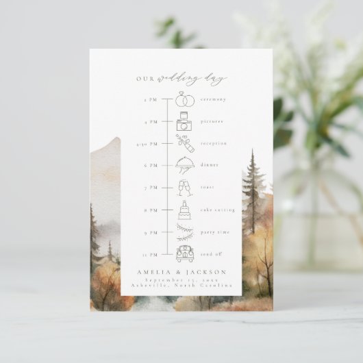 Carte D'accompagnement Calendrier Mariage Forest Mountain Ordre des événe (Debout devant)