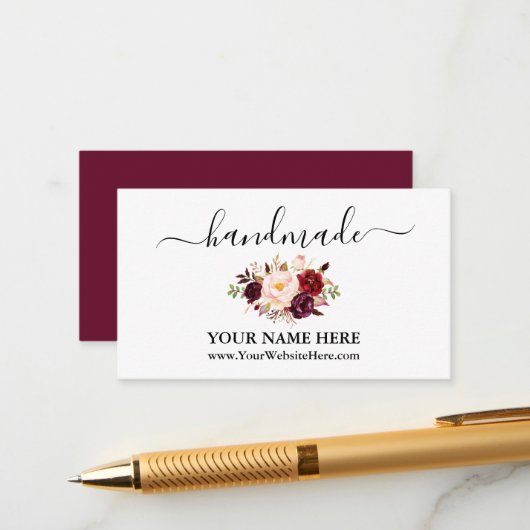 Carte D'accompagnement Calligraphie Aquarelle Bourgogne Floral artisanal (Devant/Arrière en situation)