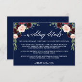 Carte D'accompagnement Calligraphie Bourgogne Floral Détails Mariage bleu (Devant / Derrière)