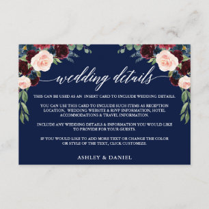 Carte D'accompagnement Calligraphie Bourgogne Floral Détails Mariage bleu