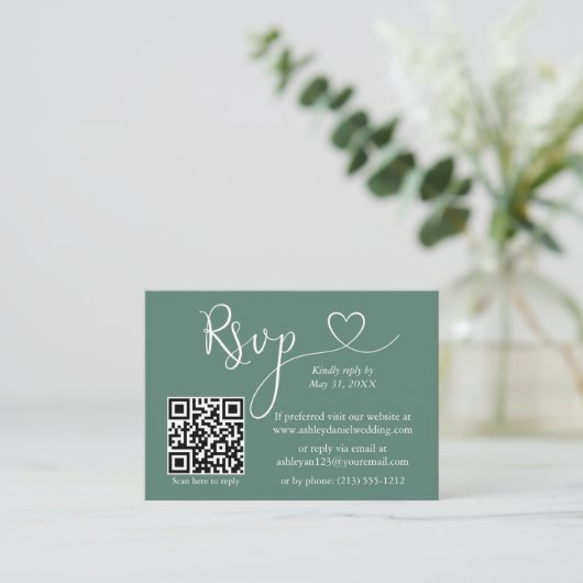 Carte D'accompagnement Calligraphie Coeur Eucalyptus Mariage vert QR RSVP (Debout devant)