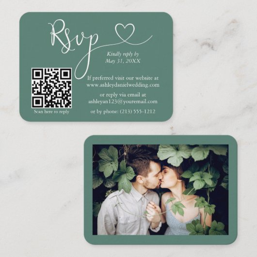 Carte D'accompagnement Calligraphie Coeur Eucalyptus Mariage vert RSVP QR (Devant / Derrière)